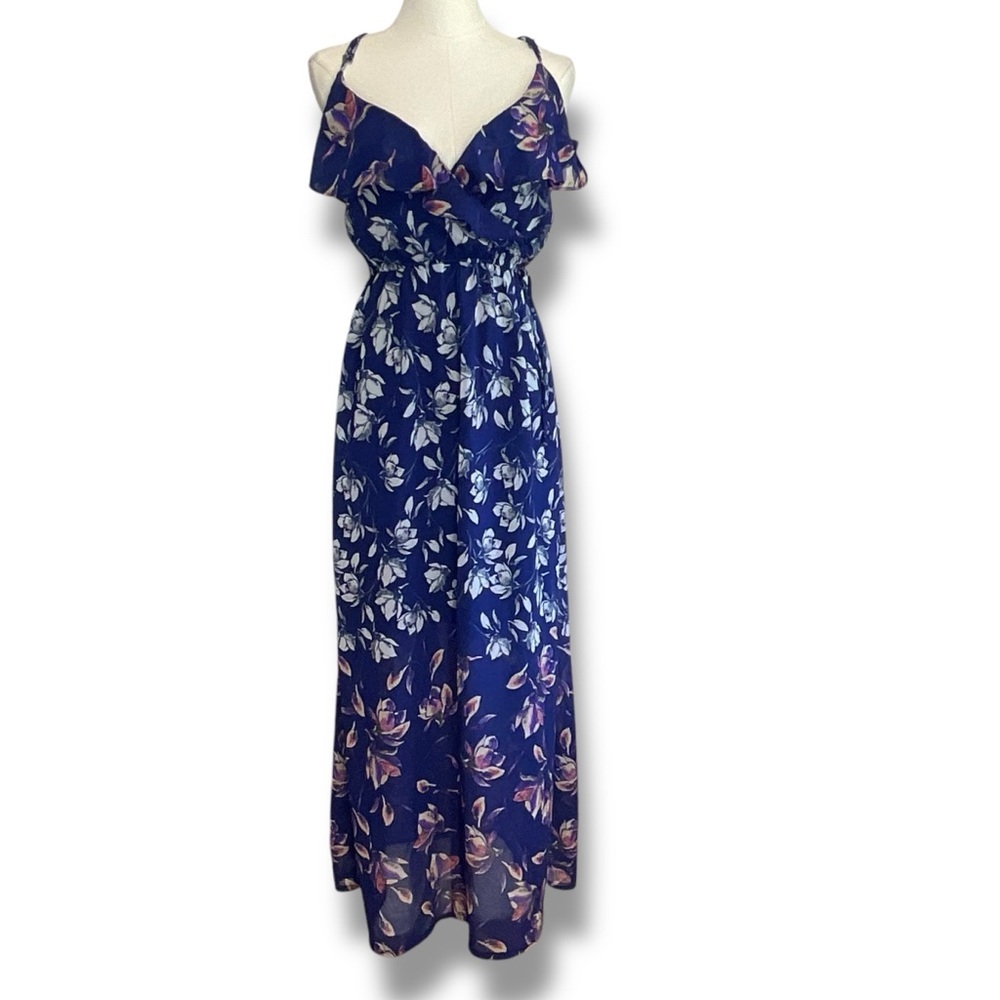 Japna Dress Magnolia Floral Navy Blue Maxi Long Ruffle Summer Sundress‎ Sz Small